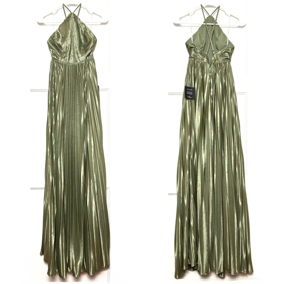 LULUS Olive Satin Pleated Sleeveless Halter Neck Wedding Guest Formal Gown XS - Picture 4 of 9